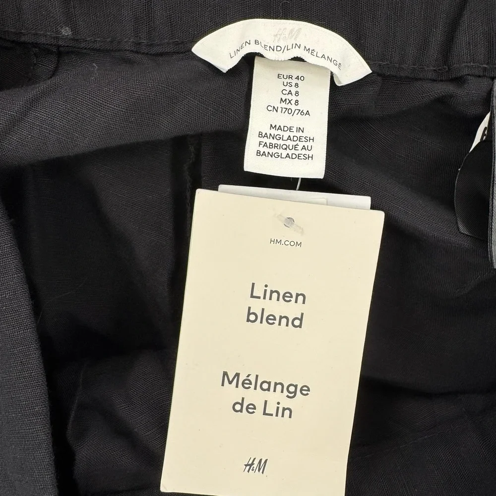 H&M Pants Womens 8 Linen Blend Wide Leg‎ High Rise Black Lightweight Baggy NEW